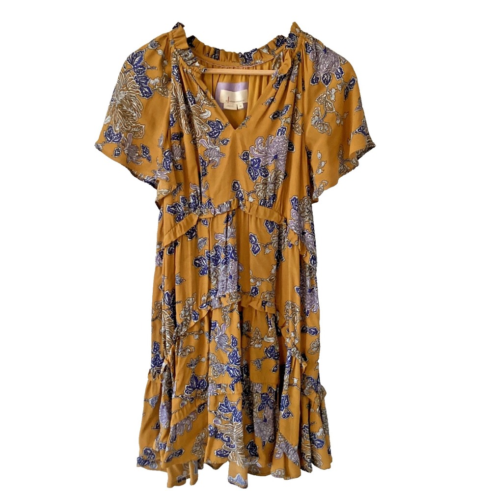 Anthropologie Mustard Floral Boho Tiered‎ Midi Dress XS Cottagecore